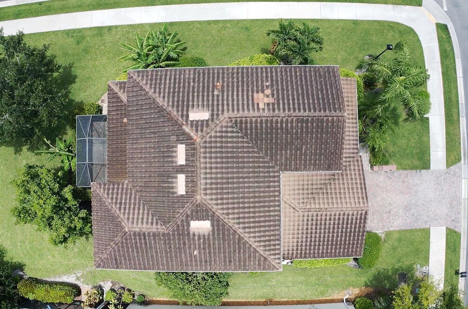 Tile roof before soft wash, overhead